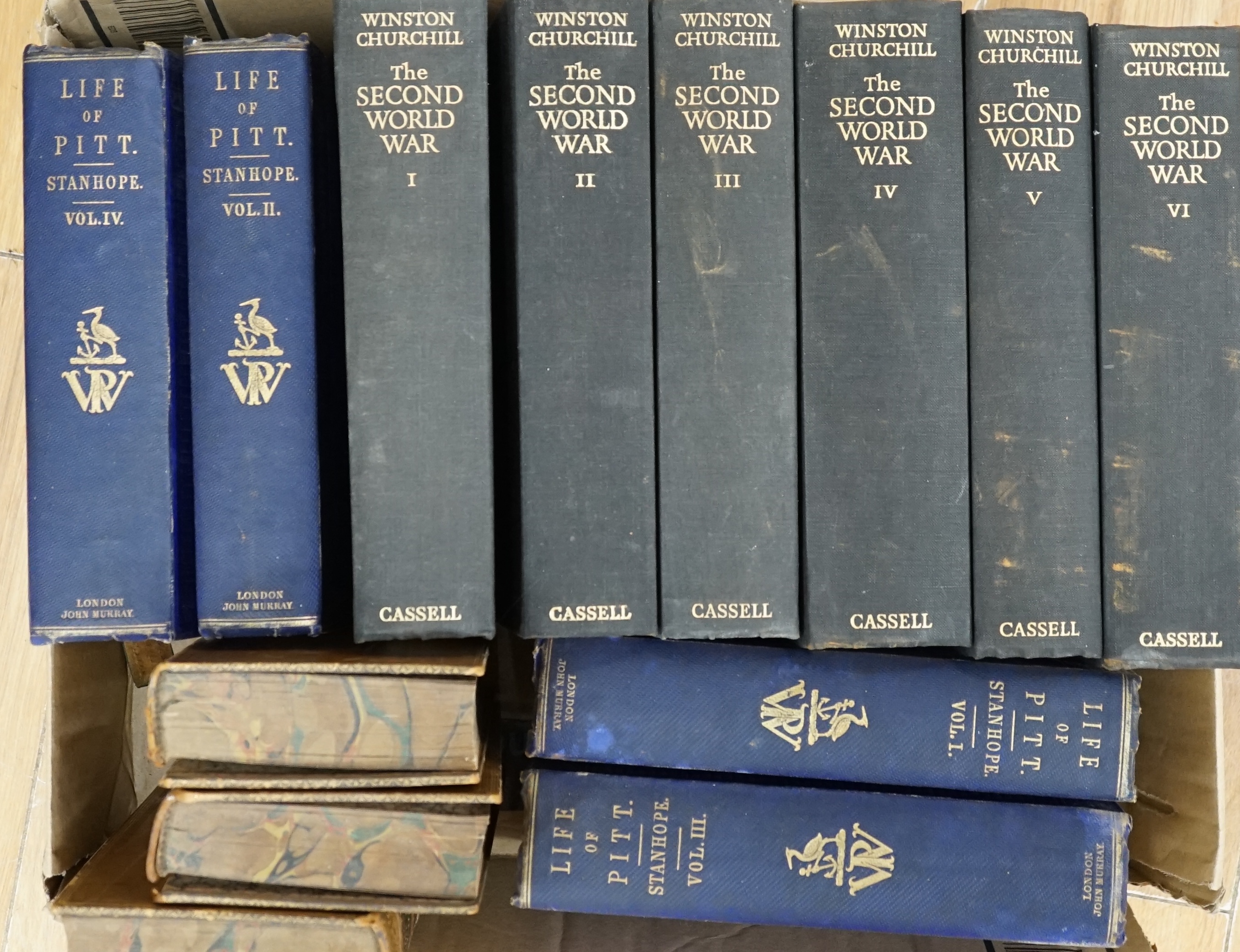 Hardback books comprising, Churchill WWII 6 vols, Life of Pitt, 4 vols, Life of Napoleon, 3 vols